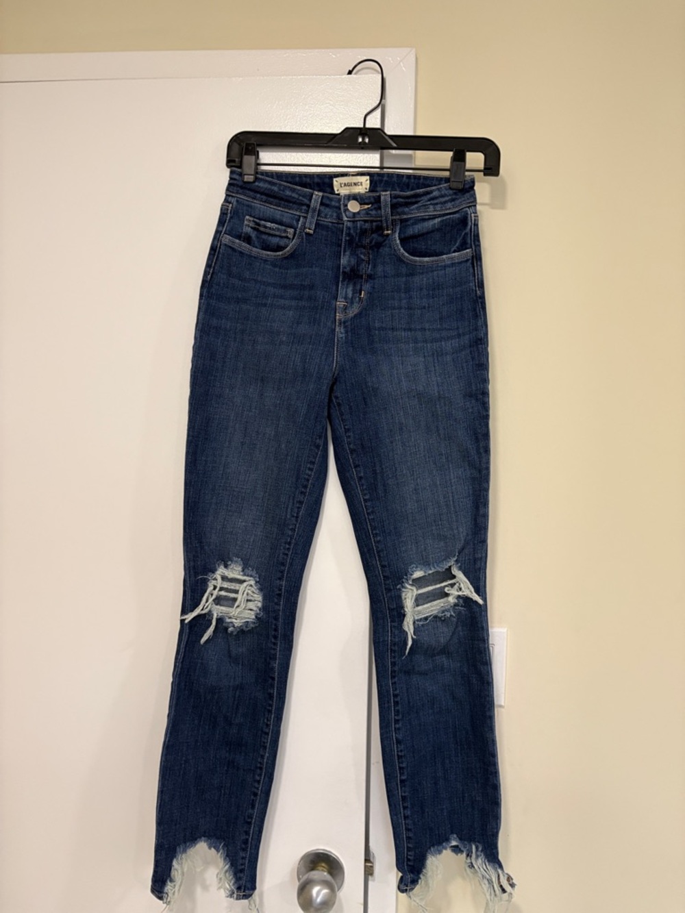 L'AGENCE Dark Blue Skinny Ripped Hem Jeans